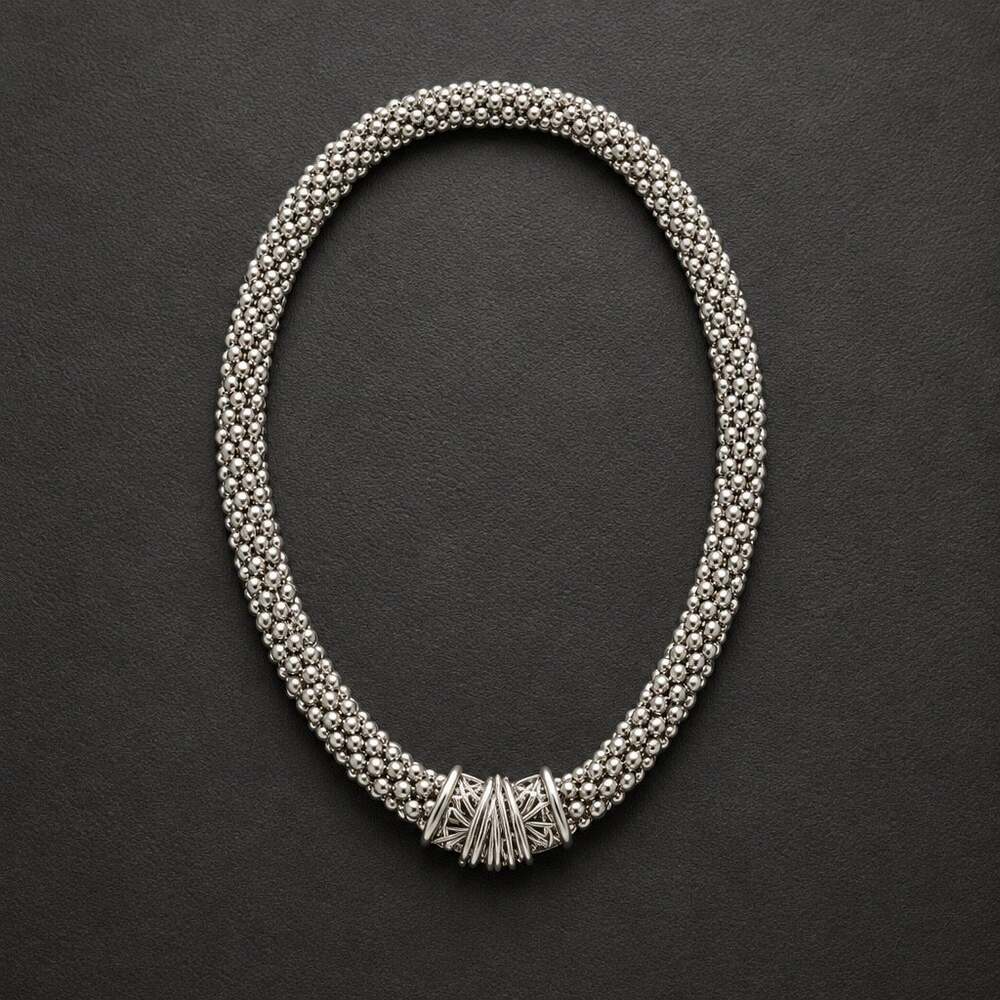 c.1980 Vintage Modernist Silver Beaded Mesh Collar Necklace